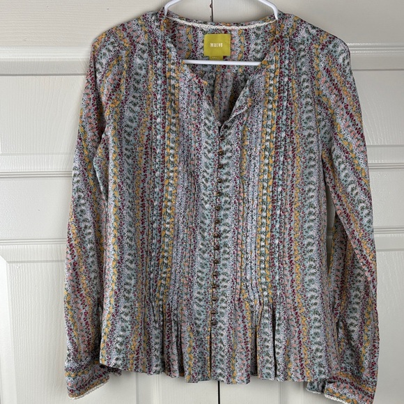 Anthropologie Tops - Anthropologie Floral Pleated Multicolor Button down Blouse Size small